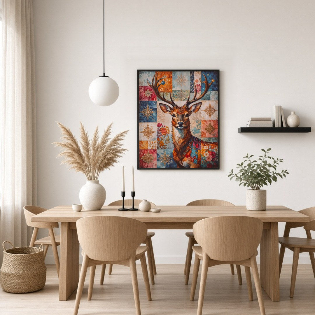 Enchant your space with this captivating art print featuring a noble deer adorned with a rich for Dining