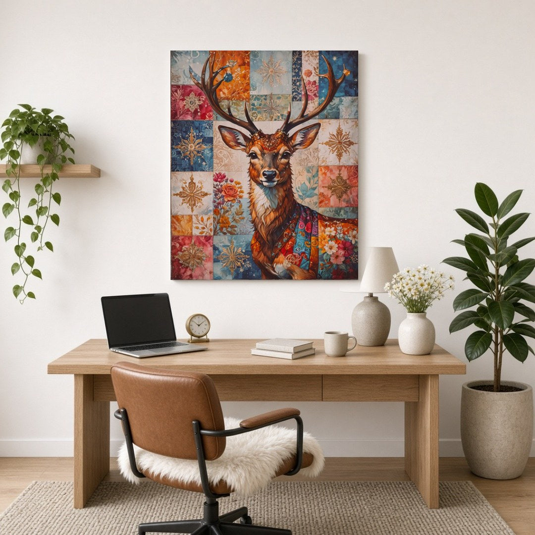 Enchant your space with this captivating art print featuring a noble deer adorned with a rich for Home Office