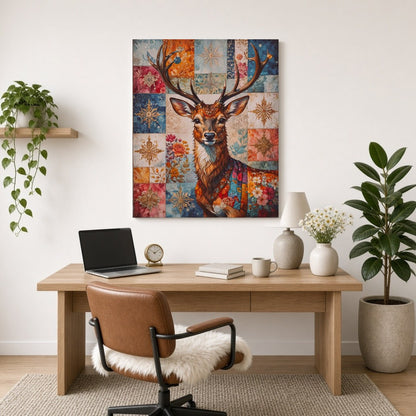 Enchant your space with this captivating art print featuring a noble deer adorned with a rich for Home Office
