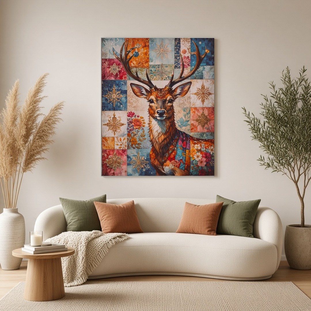 Enchant your space with this captivating art print featuring a noble deer adorned with a rich for Living Room
