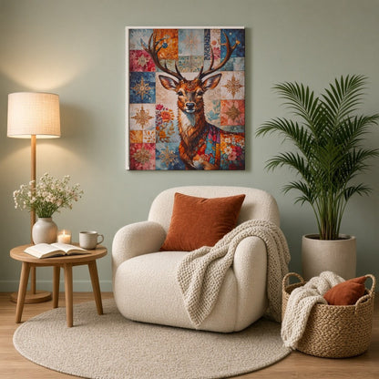 Enchant your space with this captivating art print featuring a noble deer adorned with a rich for Reading Nook