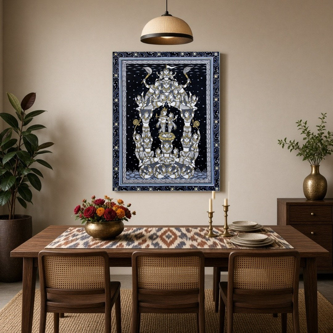 Experience the intricate beauty of this Pattachitra artwork, featuring a majestic assembly of for Dining