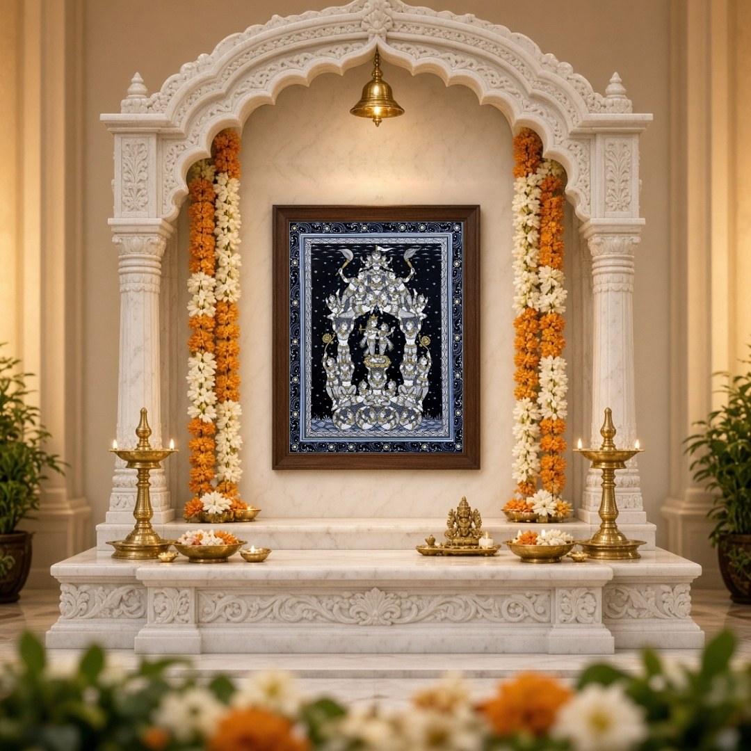 Experience the intricate beauty of this Pattachitra artwork, featuring a majestic assembly of for Home Temple