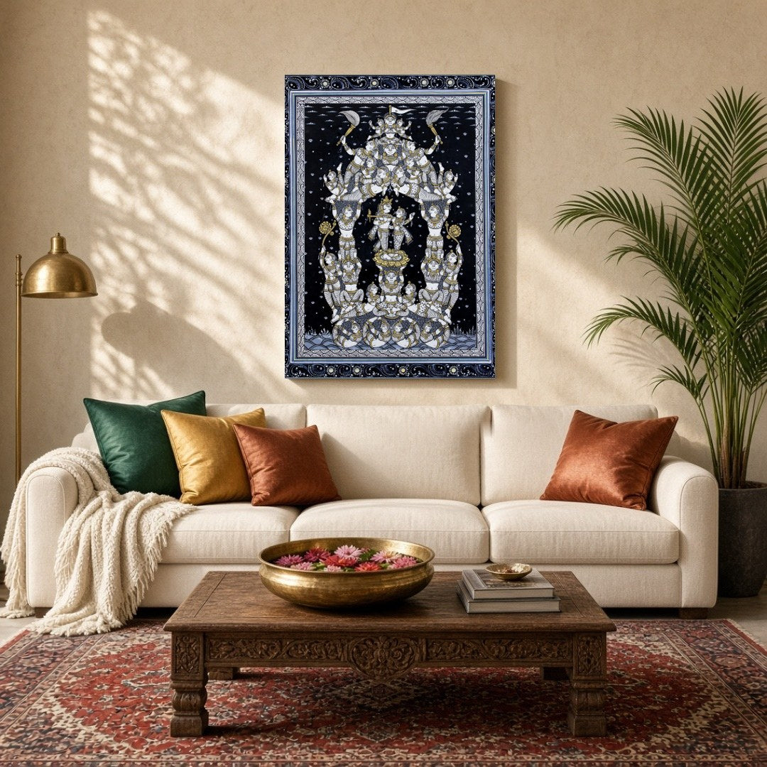 Experience the intricate beauty of this Pattachitra artwork, featuring a majestic assembly of for Living Room
