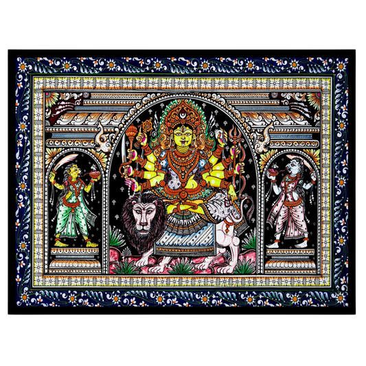 The Majestic Durga Triumph in Pattachitra Art captures the powerful essence of the Hindu goddess for home