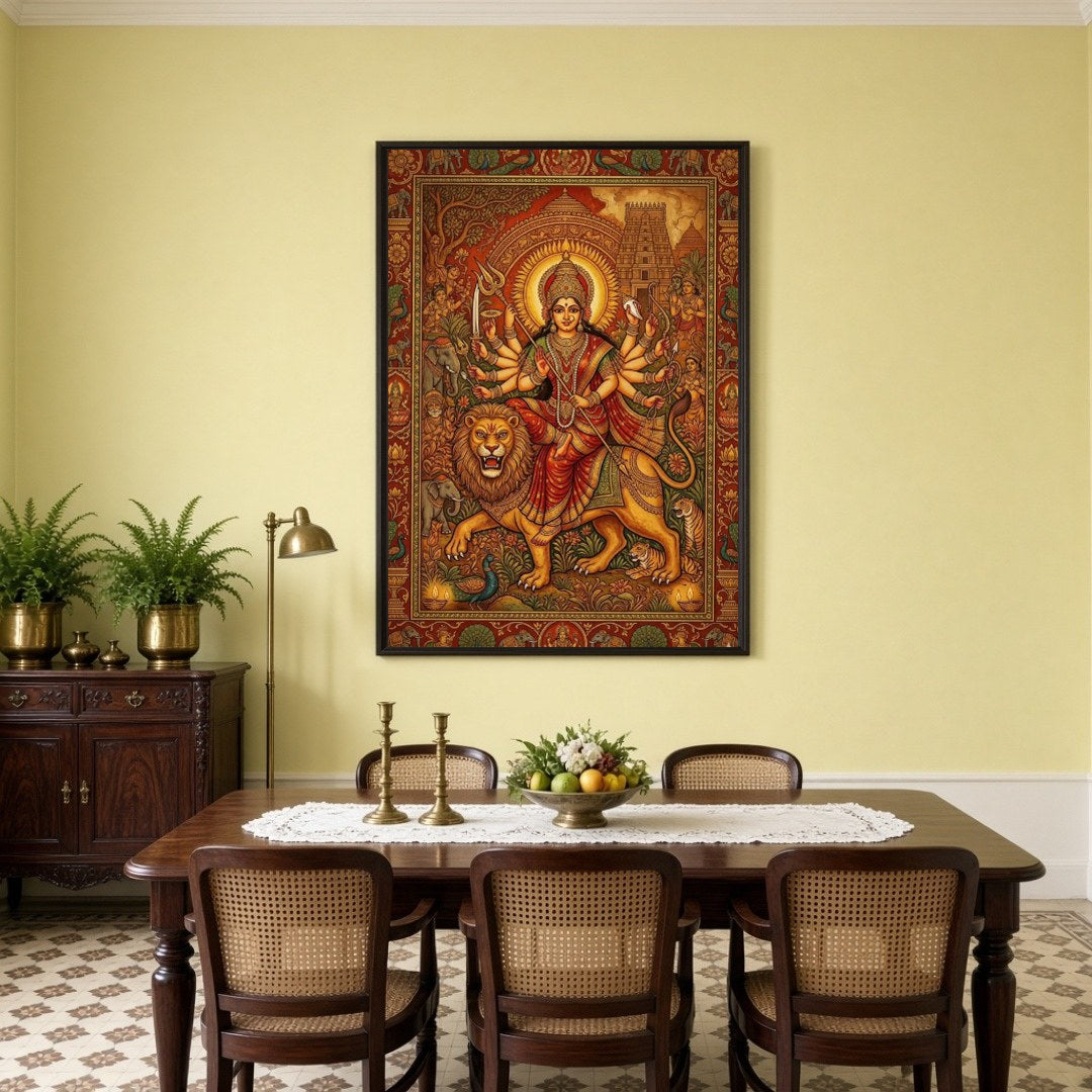 Experience the divine power and grace of Goddess Durga as she rides a majestic lion in this for Dining