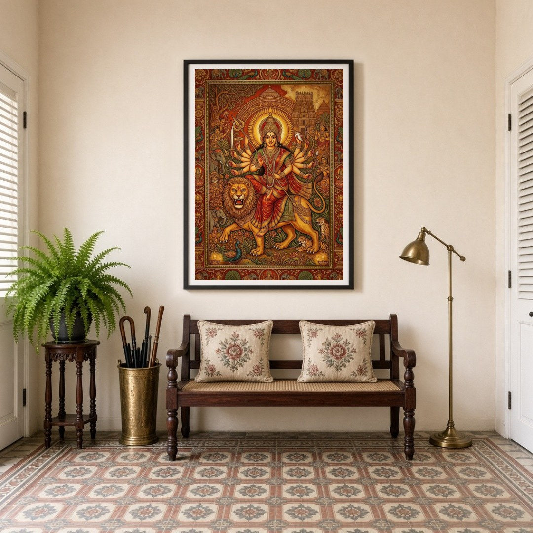 Experience the divine power and grace of Goddess Durga as she rides a majestic lion in this for Entrance