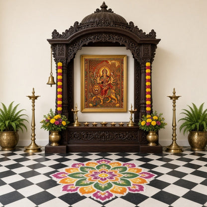 Experience the divine power and grace of Goddess Durga as she rides a majestic lion in this for Home Temple
