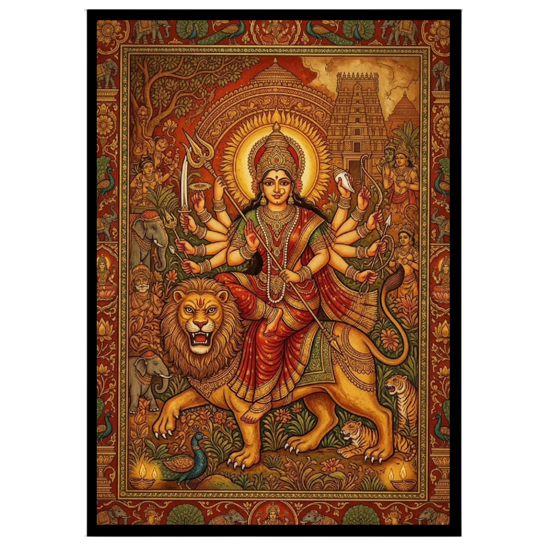 Experience the divine power and grace of Goddess Durga as she rides a majestic lion in this for house
