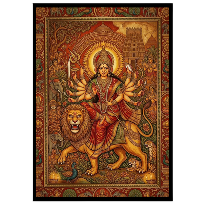Experience the divine power and grace of Goddess Durga as she rides a majestic lion in this for house