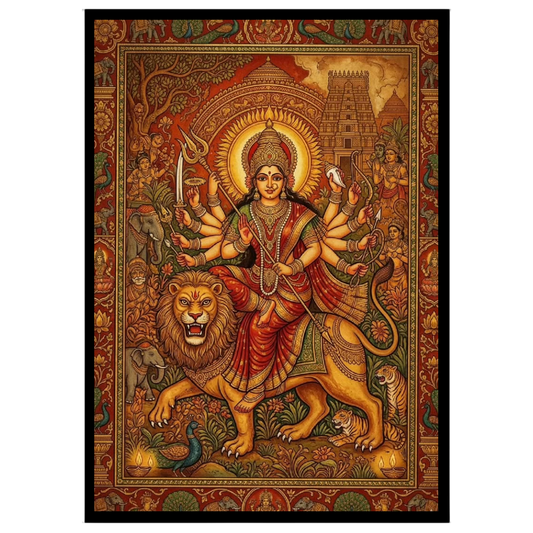 Experience the divine power and grace of Goddess Durga as she rides a majestic lion in this for house