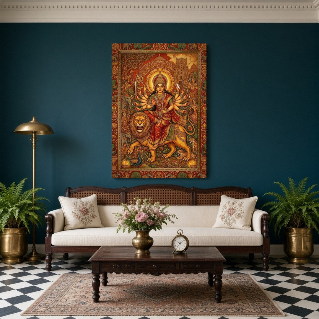 Experience the divine power and grace of Goddess Durga as she rides a majestic lion in this for Living Room