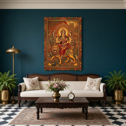Experience the divine power and grace of Goddess Durga as she rides a majestic lion in this for Living Room