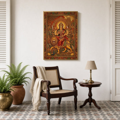 Experience the divine power and grace of Goddess Durga as she rides a majestic lion in this for Sitting Lounge