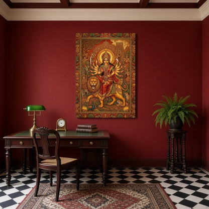 Experience the divine power and grace of Goddess Durga as she rides a majestic lion in this for Study