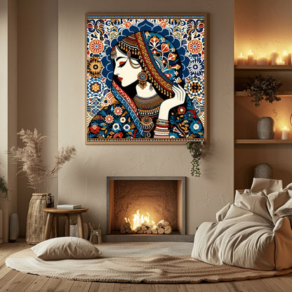 Immerse yourself in the enchanting allure of this intricate artwork showcasing a regal woman for Hall