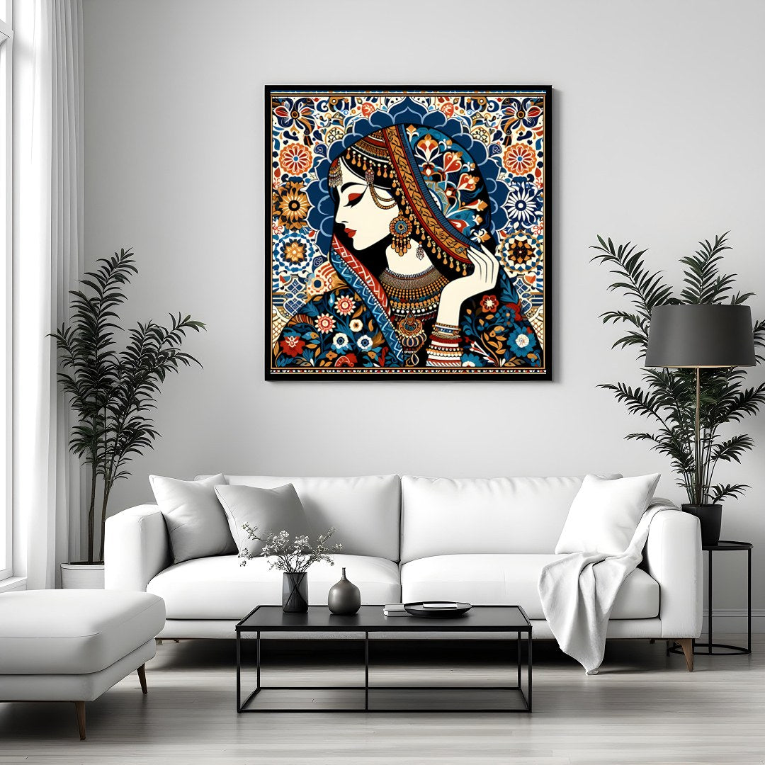 Immerse yourself in the enchanting allure of this intricate artwork showcasing a regal woman for Sitting Area