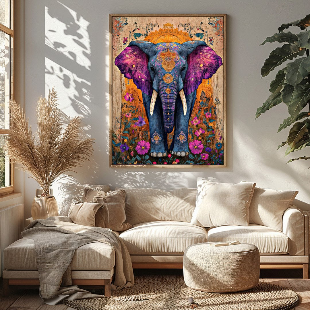 Step into a world of wonder with this captivating artwork featuring a majestic elephant set against for Bedroom
