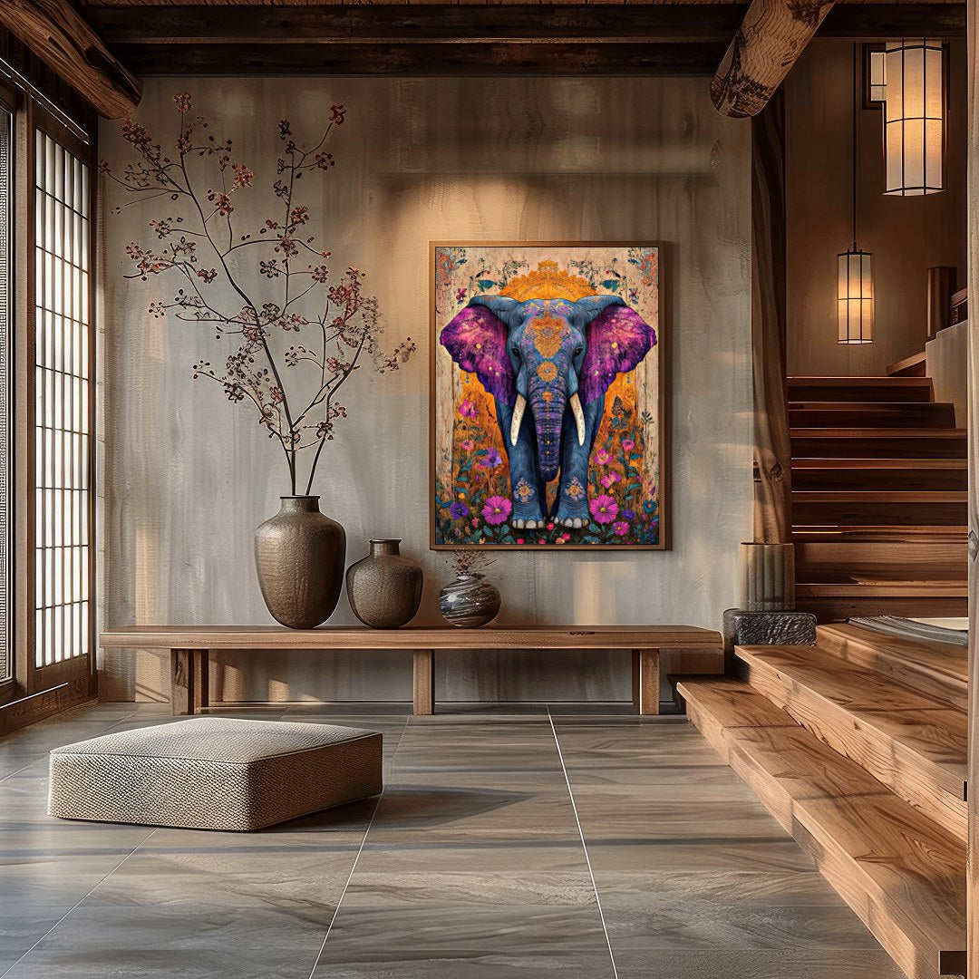 Step into a world of wonder with this captivating artwork featuring a majestic elephant set against for Entrance