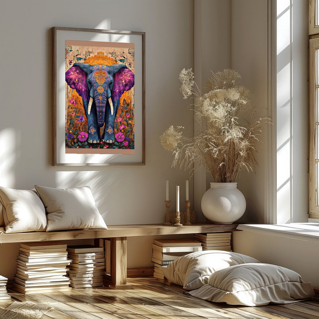 Step into a world of wonder with this captivating artwork featuring a majestic elephant set against for Home Office