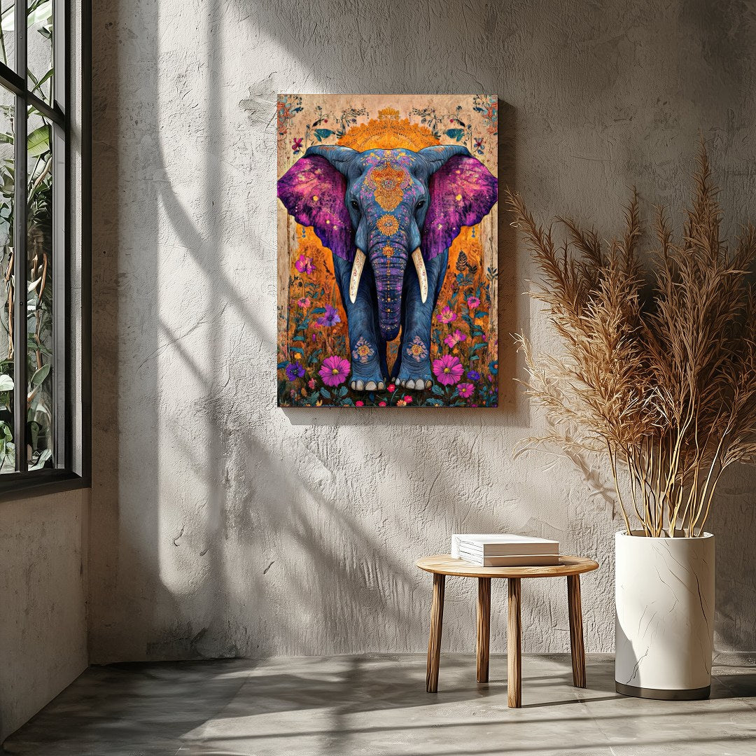Step into a world of wonder with this captivating artwork featuring a majestic elephant set against for Living Room