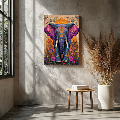 Step into a world of wonder with this captivating artwork featuring a majestic elephant set against for Living Room