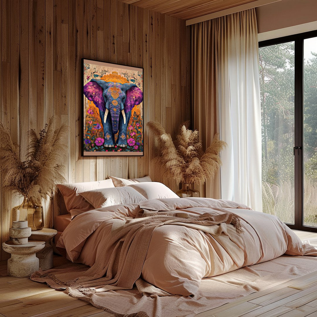 Step into a world of wonder with this captivating artwork featuring a majestic elephant set against for Reading Nook