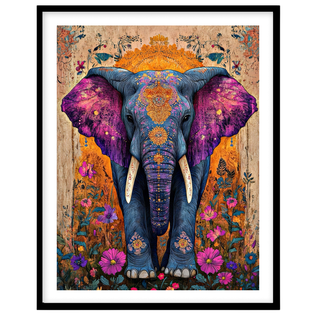 Step into a world of wonder with this captivating artwork featuring a majestic elephant set against for studio