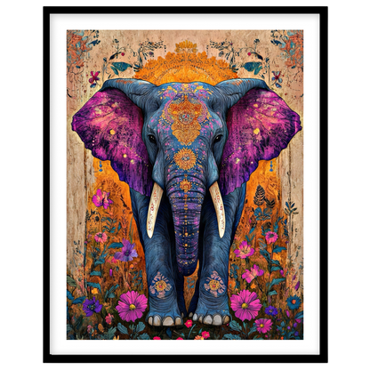 Step into a world of wonder with this captivating artwork featuring a majestic elephant set against for studio