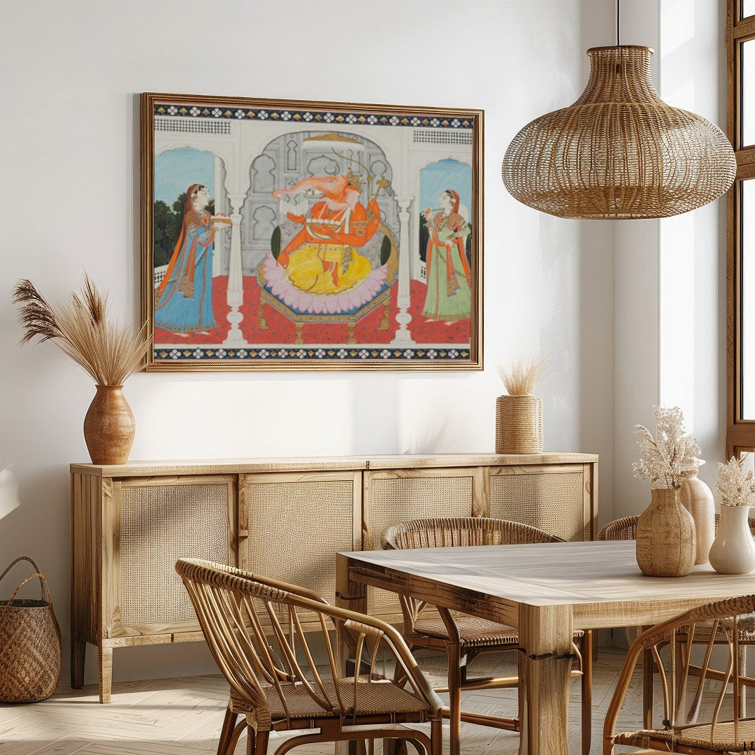 This captivating artwork portrays a majestic elephant-headed deity seated in a grandiose for Dining