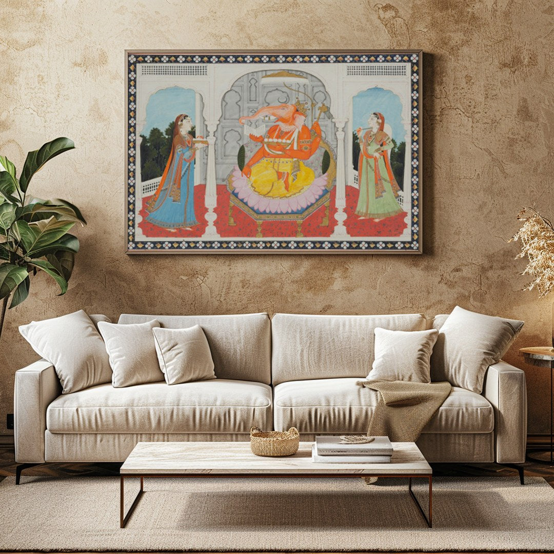 This captivating artwork portrays a majestic elephant-headed deity seated in a grandiose for Family Room