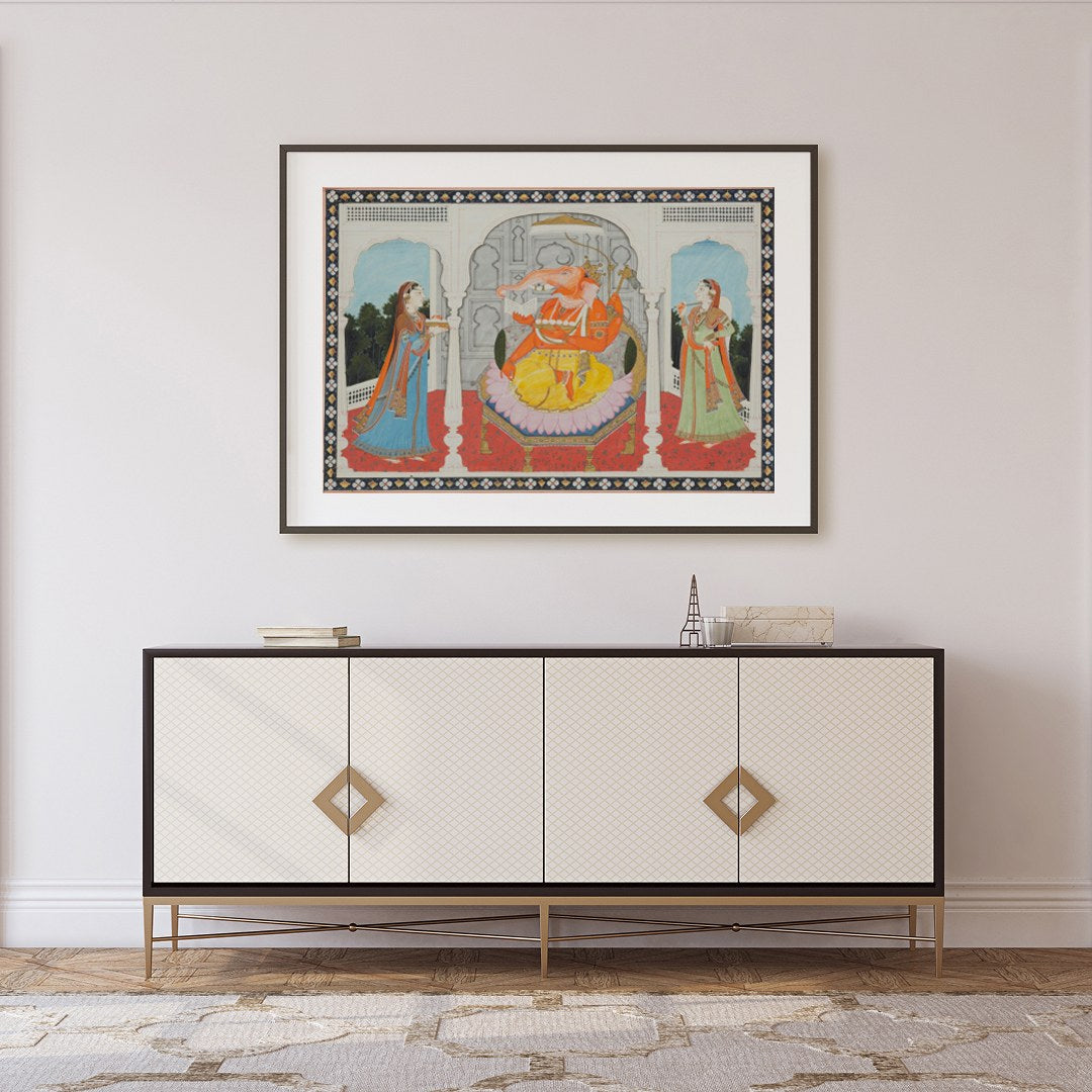 This captivating artwork portrays a majestic elephant-headed deity seated in a grandiose for Foyer