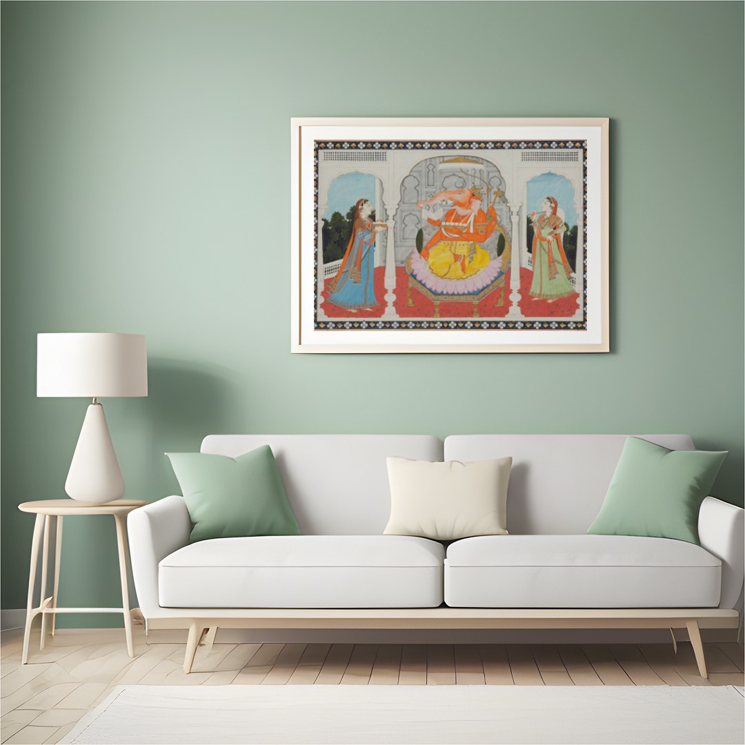 This captivating artwork portrays a majestic elephant-headed deity seated in a grandiose for Hall