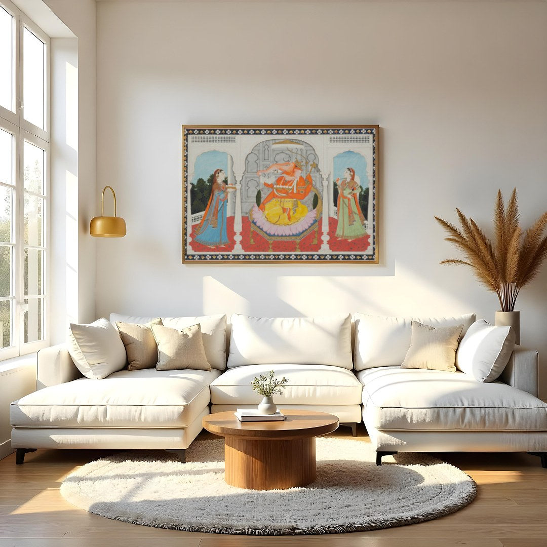 This captivating artwork portrays a majestic elephant-headed deity seated in a grandiose for Living Room