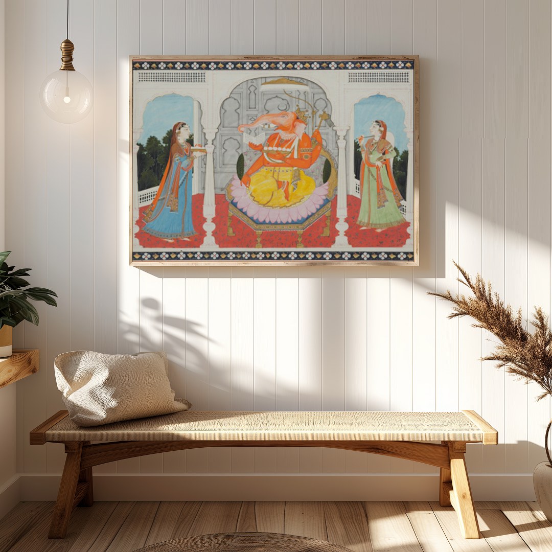 This captivating artwork portrays a majestic elephant-headed deity seated in a grandiose for Hallway