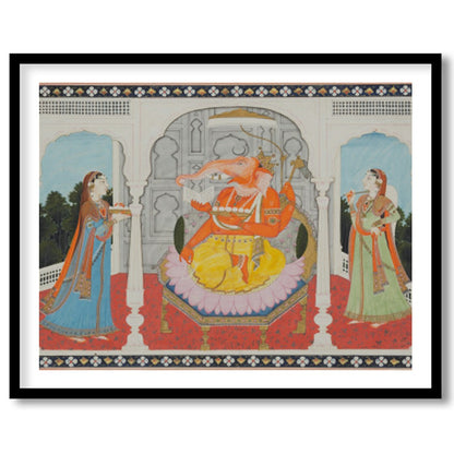 This captivating artwork portrays a majestic elephant-headed deity seated in a grandiose for studio