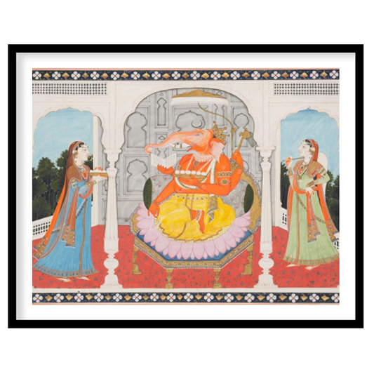This captivating artwork portrays a majestic elephant-headed deity seated in a grandiose for studio