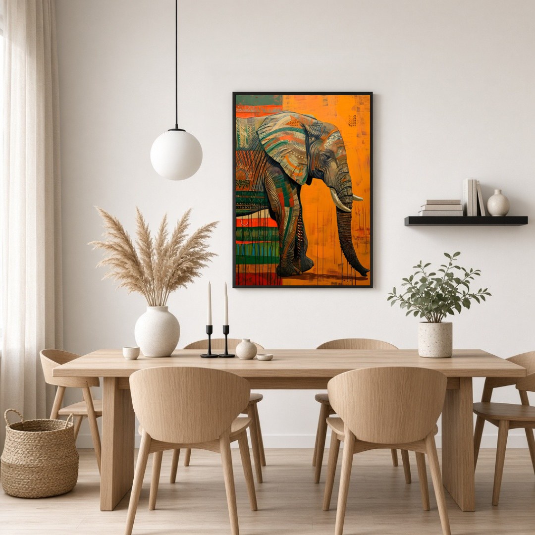 Immerse yourself in the grandeur of this majestic elephant artwork, showcasing vibrant contemporary for Dining