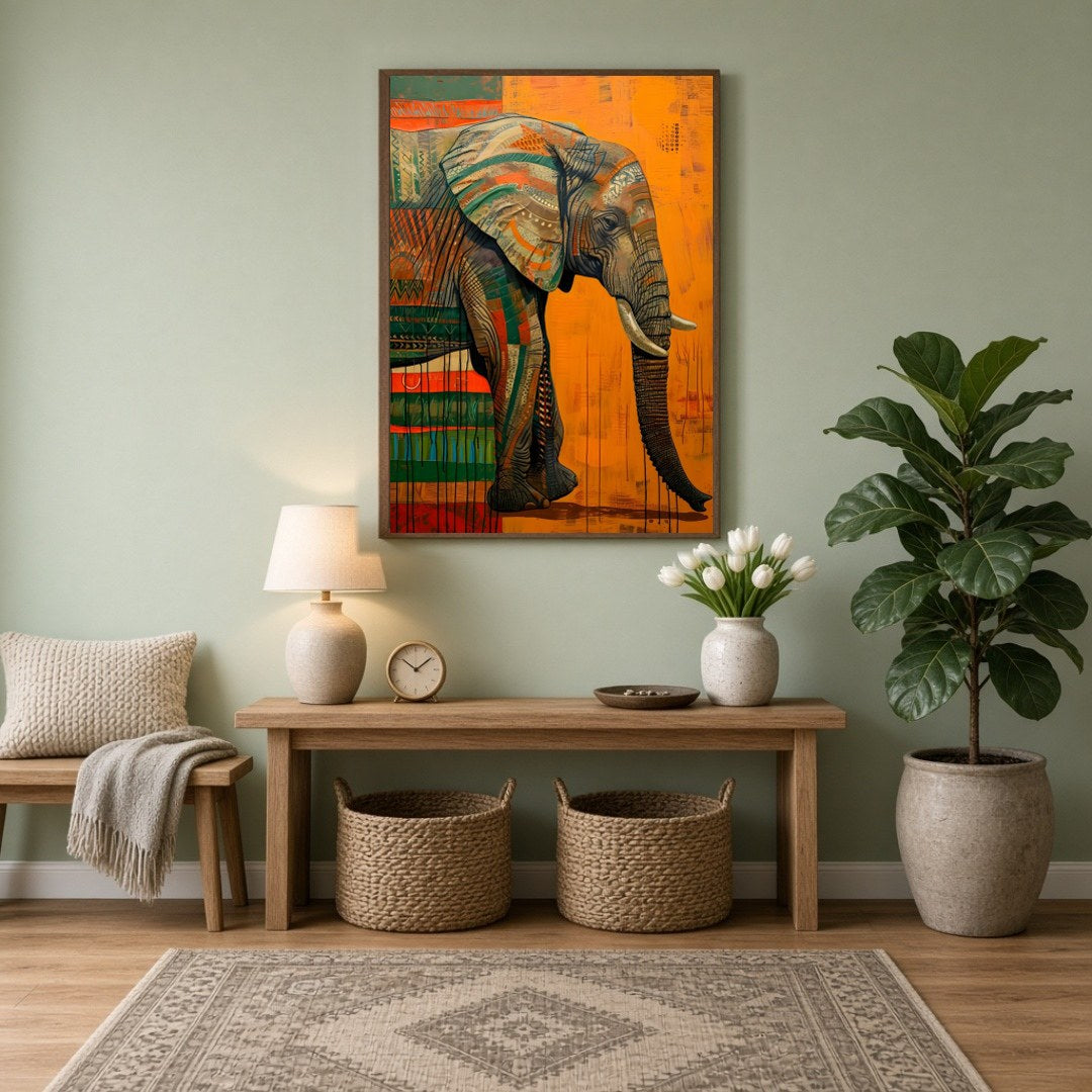 Immerse yourself in the grandeur of this majestic elephant artwork, showcasing vibrant contemporary for Entrance