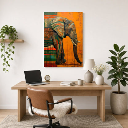 Immerse yourself in the grandeur of this majestic elephant artwork, showcasing vibrant contemporary for Home Office
