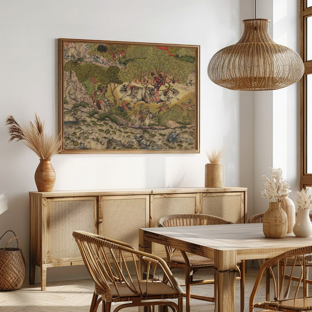 This exquisite artwork captures a vibrant scene of elephants journeying through a lush, verdant for Dining