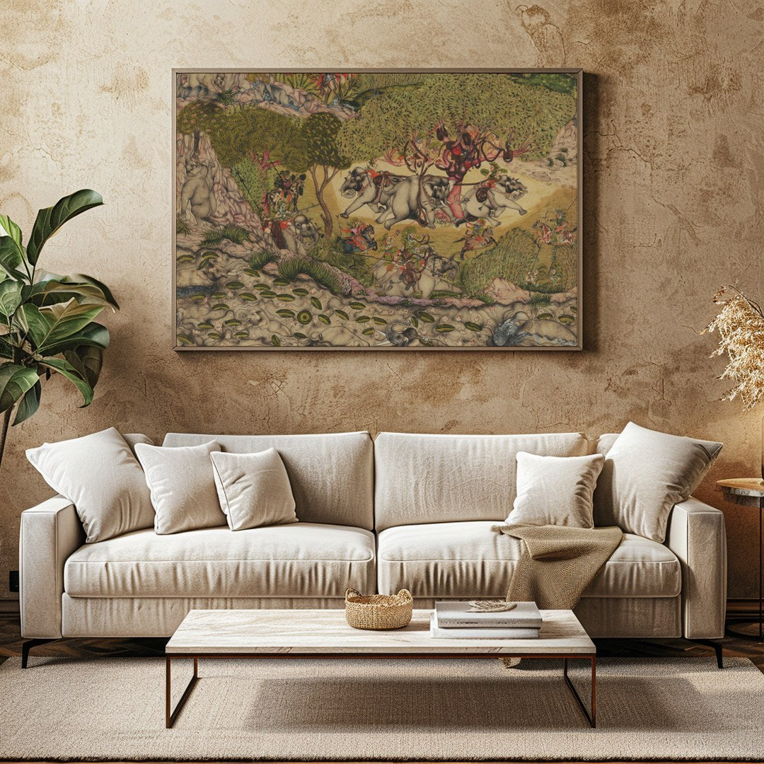 This exquisite artwork captures a vibrant scene of elephants journeying through a lush, verdant for Family Room
