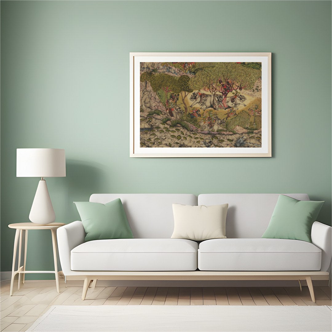 This exquisite artwork captures a vibrant scene of elephants journeying through a lush, verdant for Hall