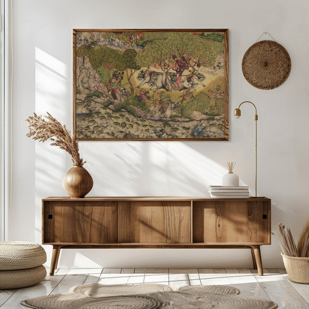 This exquisite artwork captures a vibrant scene of elephants journeying through a lush, verdant for Sitting Area