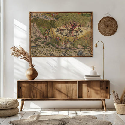 This exquisite artwork captures a vibrant scene of elephants journeying through a lush, verdant for Sitting Area