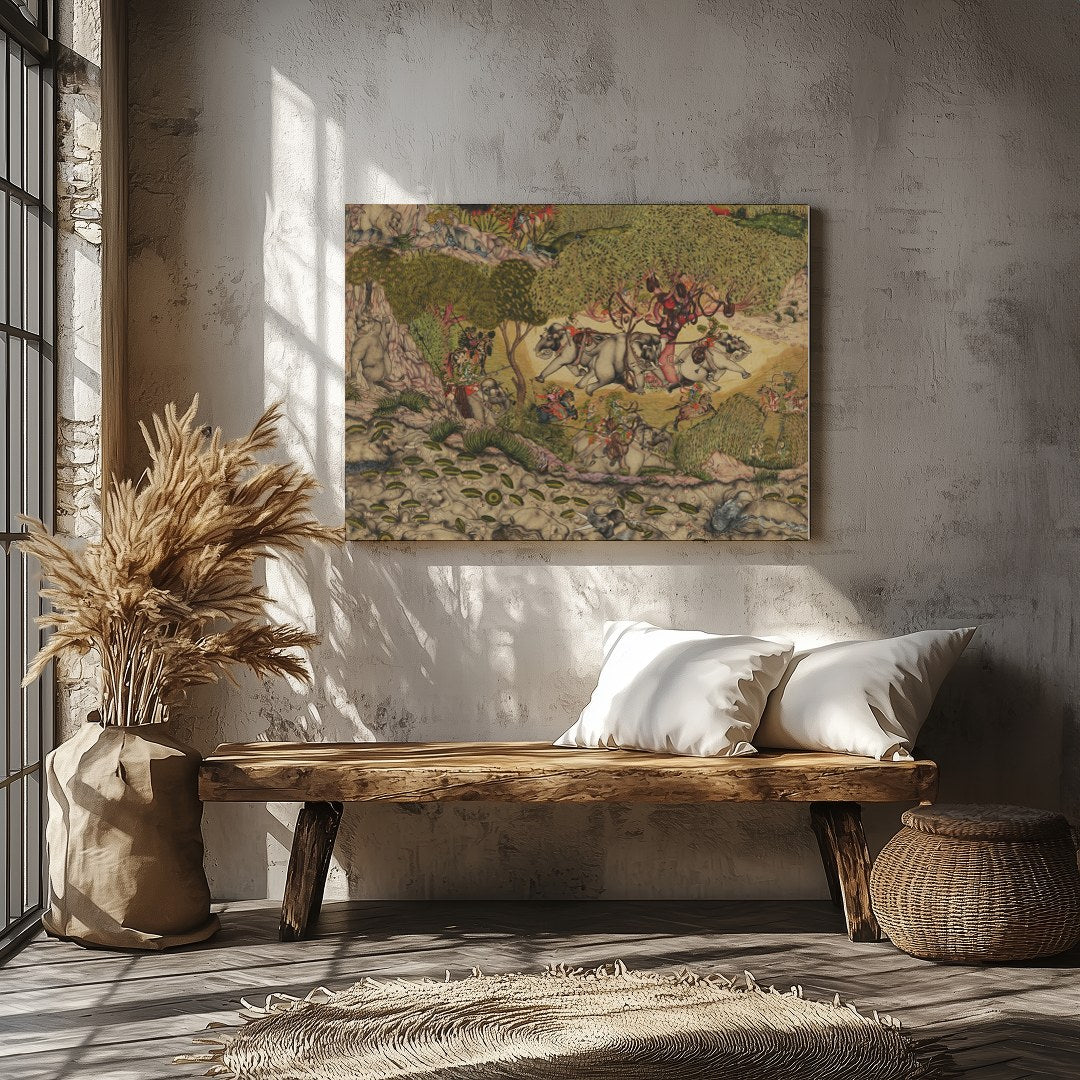 This exquisite artwork captures a vibrant scene of elephants journeying through a lush, verdant for Veranda