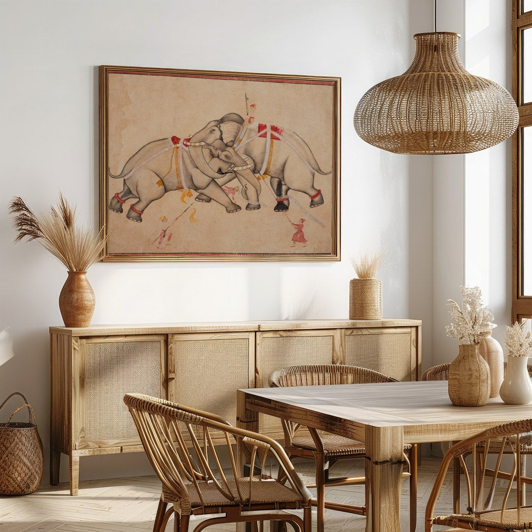 Imbued with tranquility and grace, 'Majestic Elephants Dance' captures a timeless moment of for Dining