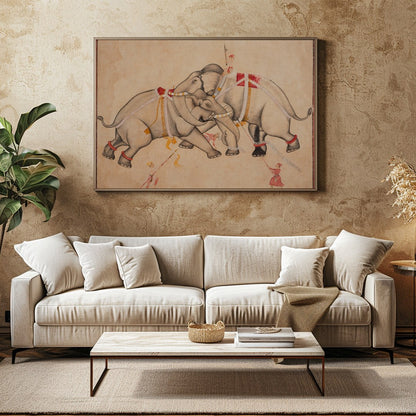 Imbued with tranquility and grace, 'Majestic Elephants Dance' captures a timeless moment of for Family Room