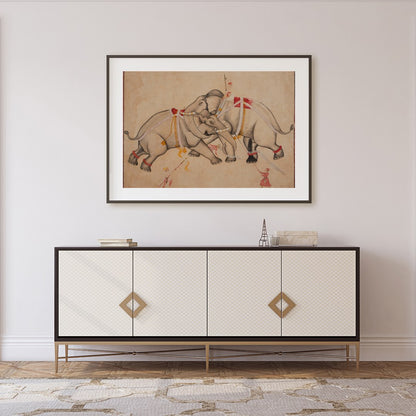 Imbued with tranquility and grace, 'Majestic Elephants Dance' captures a timeless moment of for Foyer