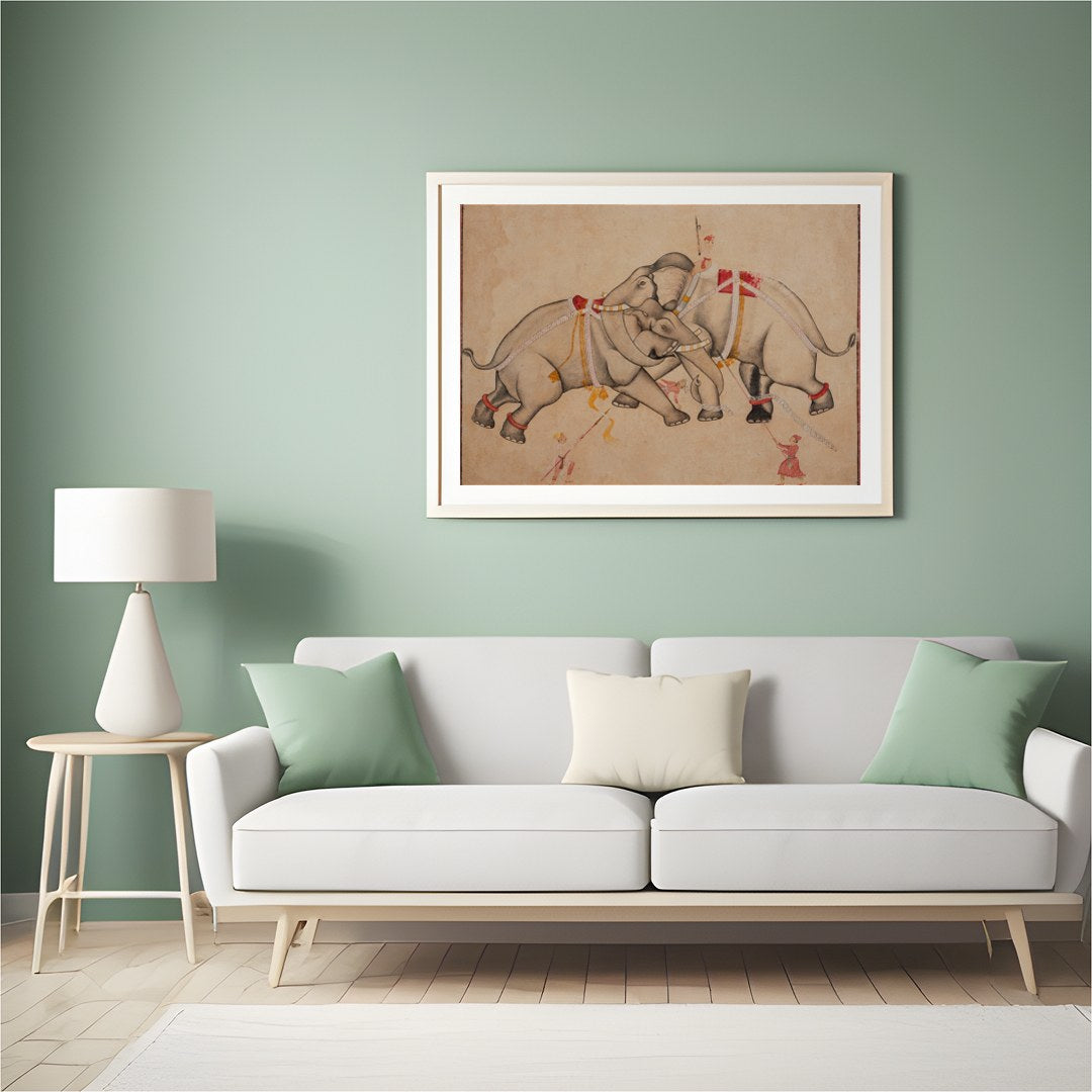 Imbued with tranquility and grace, 'Majestic Elephants Dance' captures a timeless moment of for Hall
